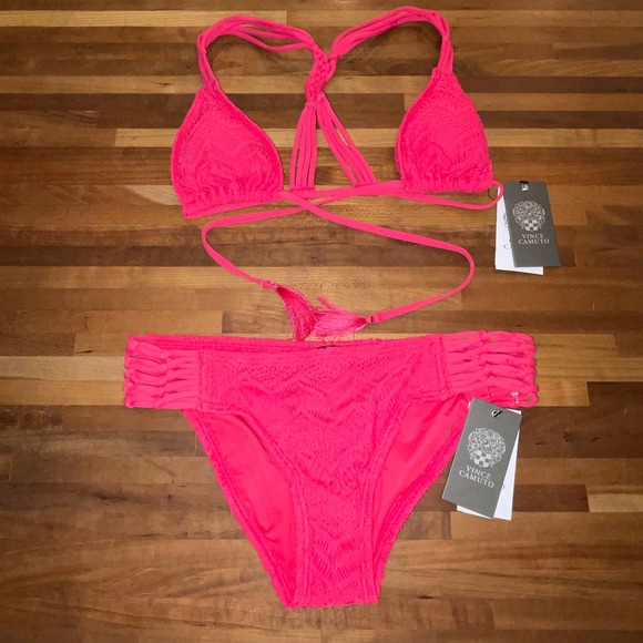 Vince Camuto Crochet Lace Tie Front Triangle Bra and bottom set - Picture 2 of 9